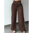 thumbnail image 3 of Women's Vintage Brown Wide Leg Pants With White Side Stripes, Button Zipper Pockets, Long Woven Fabric Trousers, Autumn Fashion Choice For Commute And Office, 3 of 7