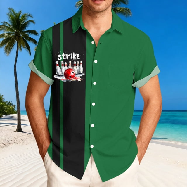 Ceisia Men's Summer St. Patrick's Day Casual Loose Fit Short Sleeve Turndown Collar Shirt Green Black Stripe Bowling Strike Print 4-Way Stretch Fabric Red L Gifts