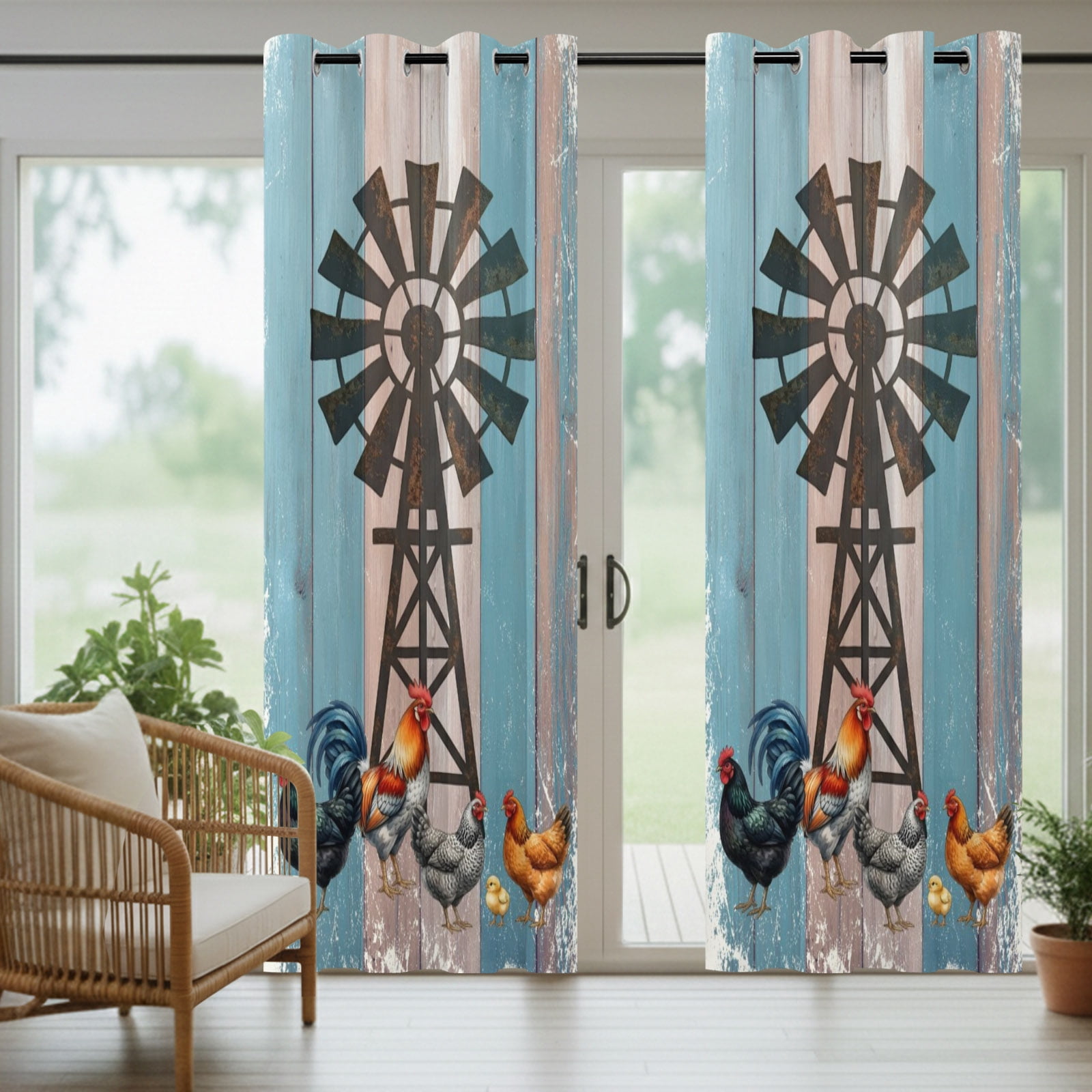 Rooster Hen Outdoor Curtains for Patio, Rustic Windmill Farmhouse Animal Wood Striped Country Sunshade Privacy Drapes Grommet Waterproof Outside Curtains for Porch/Cabana/Balcony 54"x 108", 1 Panel