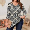 thumbnail image 2 of WTOBBY Women's Curve Floral Hollow Neck Blouse 3/4 Sleeve Chiffon Plus Size Top with Elegant Ruffle Detail Casual Wear,Dark Blue 4XL, 2 of 4