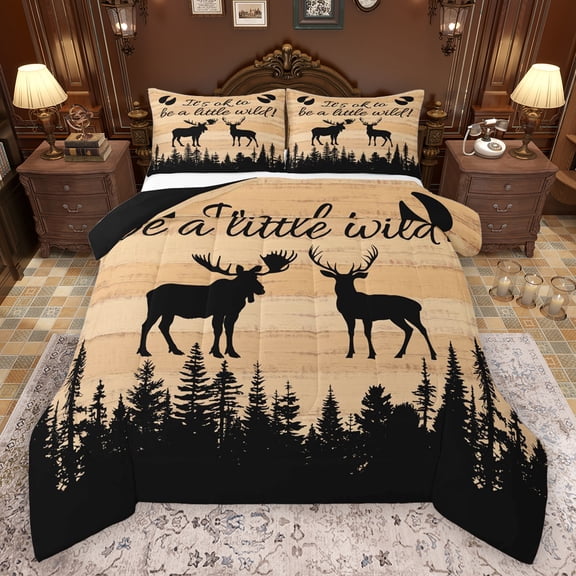 Manfei Jungle Wildlife Deer Bedding Comforter Set,Wild Animal Moose Twin Comforter Sets,Brown Black Bedding Set For Kids,Breathable Home Decor Reversible,2-Piece