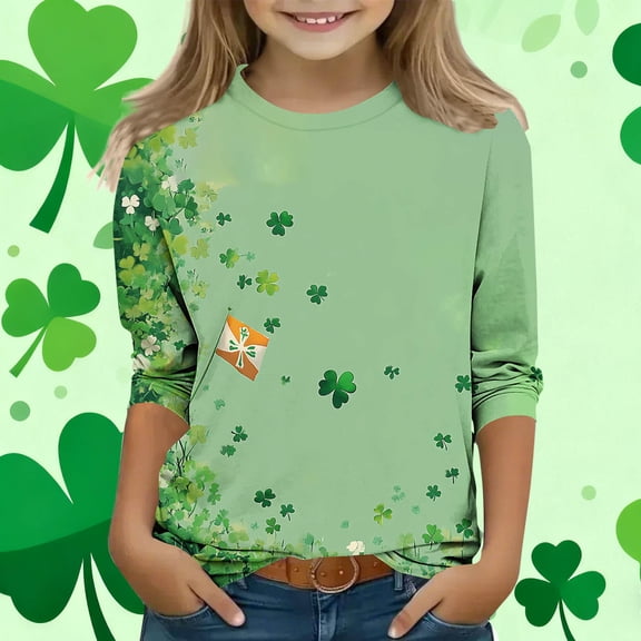 St Patrick's Day Shirt for Girls Long Sleeve Clover Print Mint Green Top Holiday Party Comfort Stretch Fit,Size 3-4T