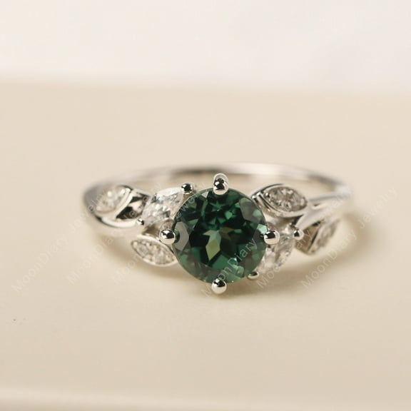 Lab Created Green sapphire engagement ring with leaves round shaped silver floral ring