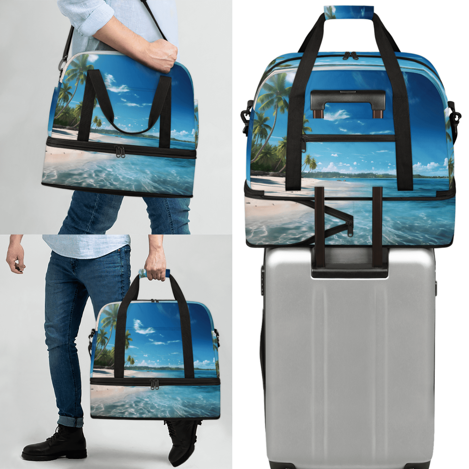 Herdesigns Beach Ocean Landscape Foldable Travel Duffel Bag with Shoe Compartment, Weekend Overnight Carry On Bags for Men Women, Large Sports Gym Luggage