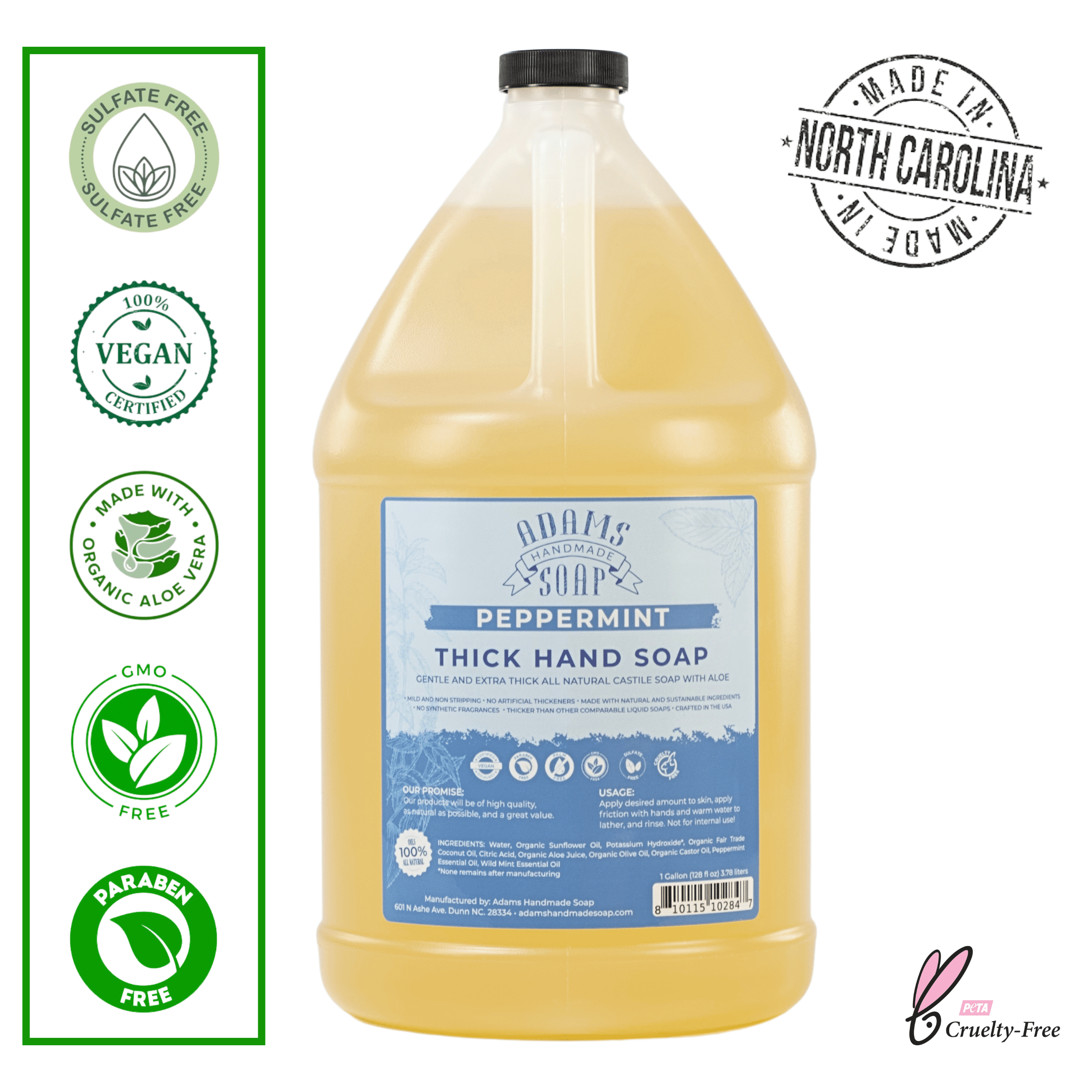 Peppermint Organic Castile Liquid Hand Soap 1 Gallon Refill Adams Handmade Soap