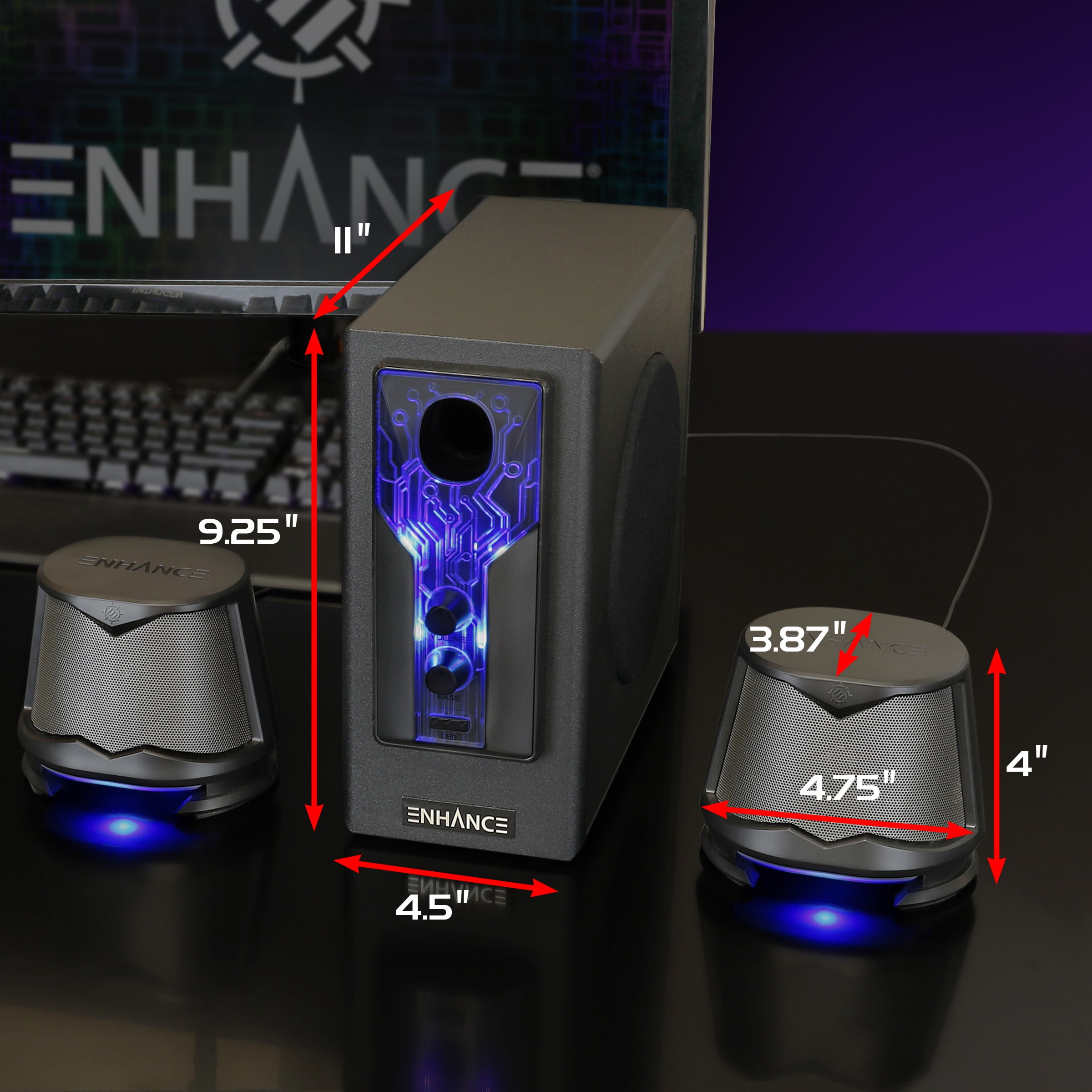 ENHANCE 2.1 High Excursion Computer Speakers with Subwoofer - Blue LED Gaming Speakers