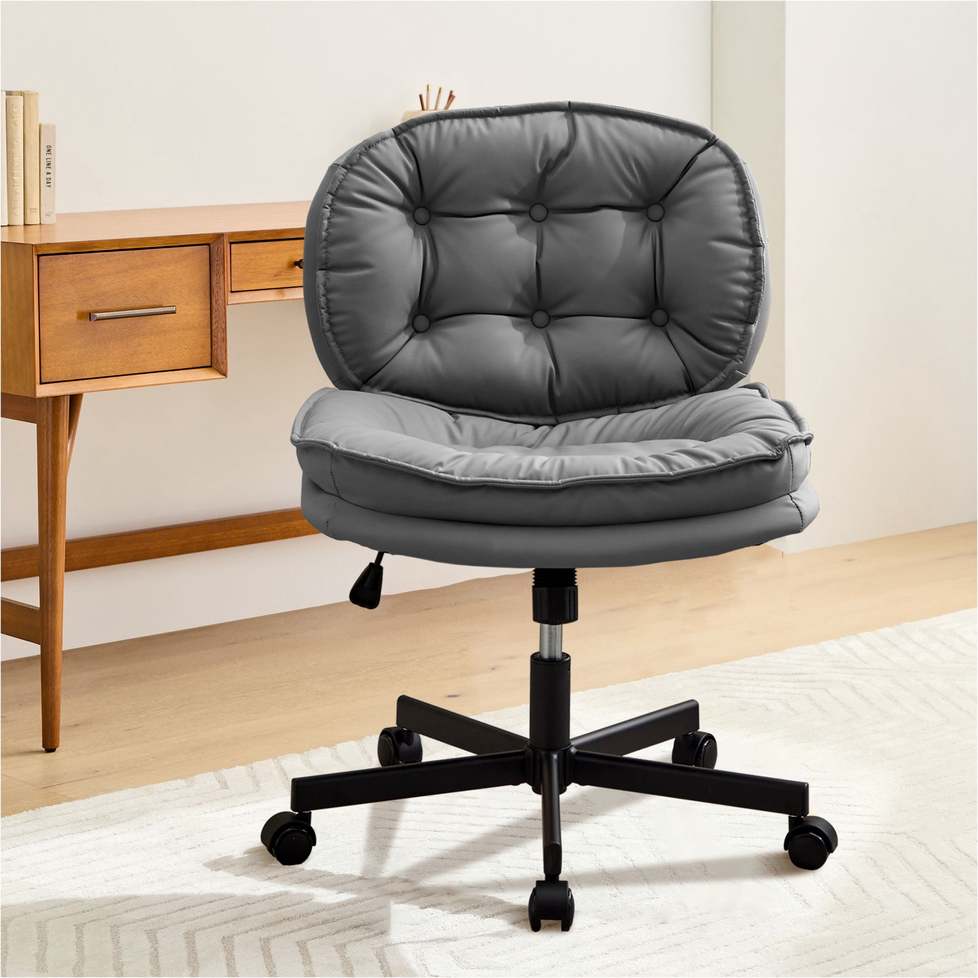 Miniyam Armless-Office Desk Chair with Wheels,PU Leather Cross Legged Wide Chair for Home Office,Gray
