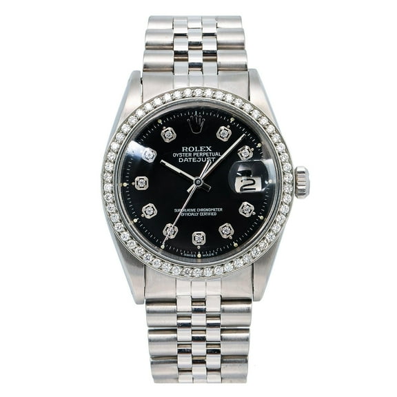 Pre-Owned Rolex Datejust 36MM 1601 Black Diamond Dial Diamond Bezel Stainless Steel Jubilee Bracelet