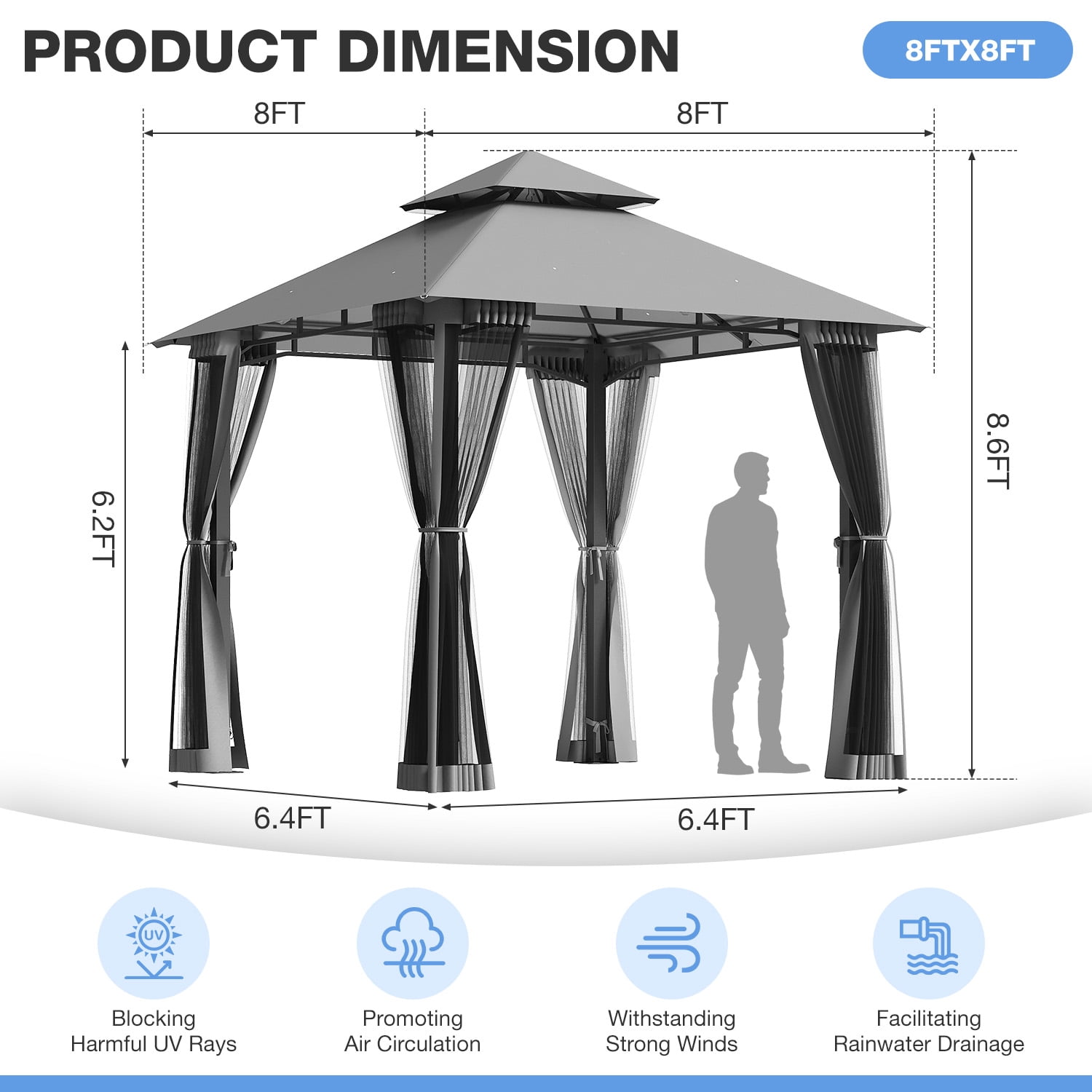 BREEZESTIVAL 8X8ft Patio Gazebo Outdoor Gazebo with Double Roof Metal Frame Canopy Carpas Para Patio Heavy Duty Shelter with Mosquito Net Screen for Backyard Lawn Garden Deck(Grey)