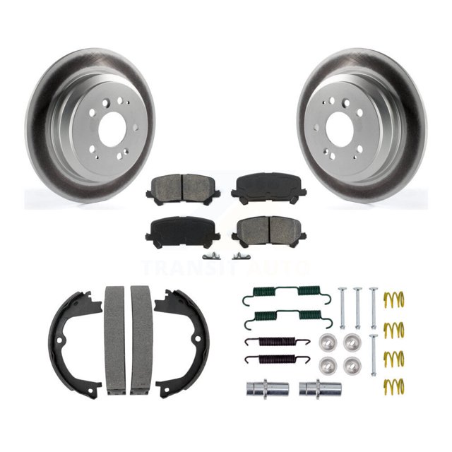 Transit Auto Rear Disc Coated Rotors Semi-Metallic Pads Parking Brake Shoes and Hardware Kit for Car Honda Pilot Ridgeline Passport KGS-103413