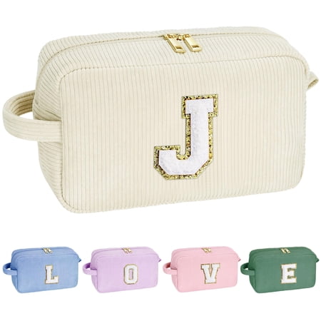 YOOLIFE Teen Girl Gifts Trendy Stuff - Travel Makeup Bag Makeup Bags for Women Cosmetic Bag with Brush Pouch Cute Makeup Bag Personalized Sister Daughter Girlfriend Gifts for Women Her White Letter J