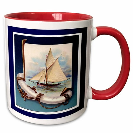 2 Vintage Anchor - 3dRose Vintage Sailboat n Anchor With Navy Blue Frame - Two Tone Red Mug, 11-ounce