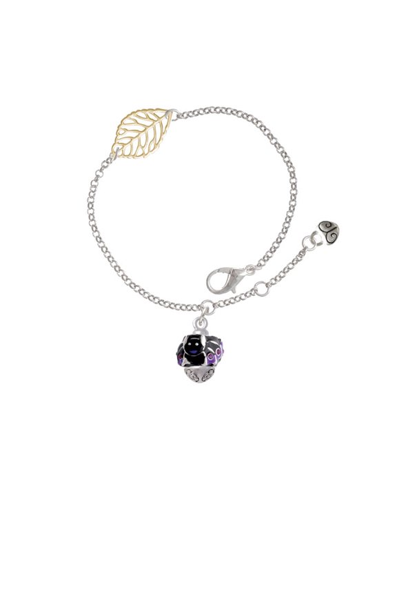 Silvertone Black and Purple Bats with Crystals Spinner - Goldtone Leaf Delicate Bracelet, 6.25+1.75"