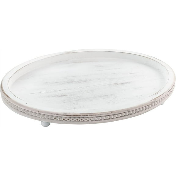 Wooden Tray,Oval Decorative Tray for Coffee Table Kitchen Dinning Table Entryway, Small Beaded Tray for Holidays, Farmhouse Centerpiece Decor Weathered White