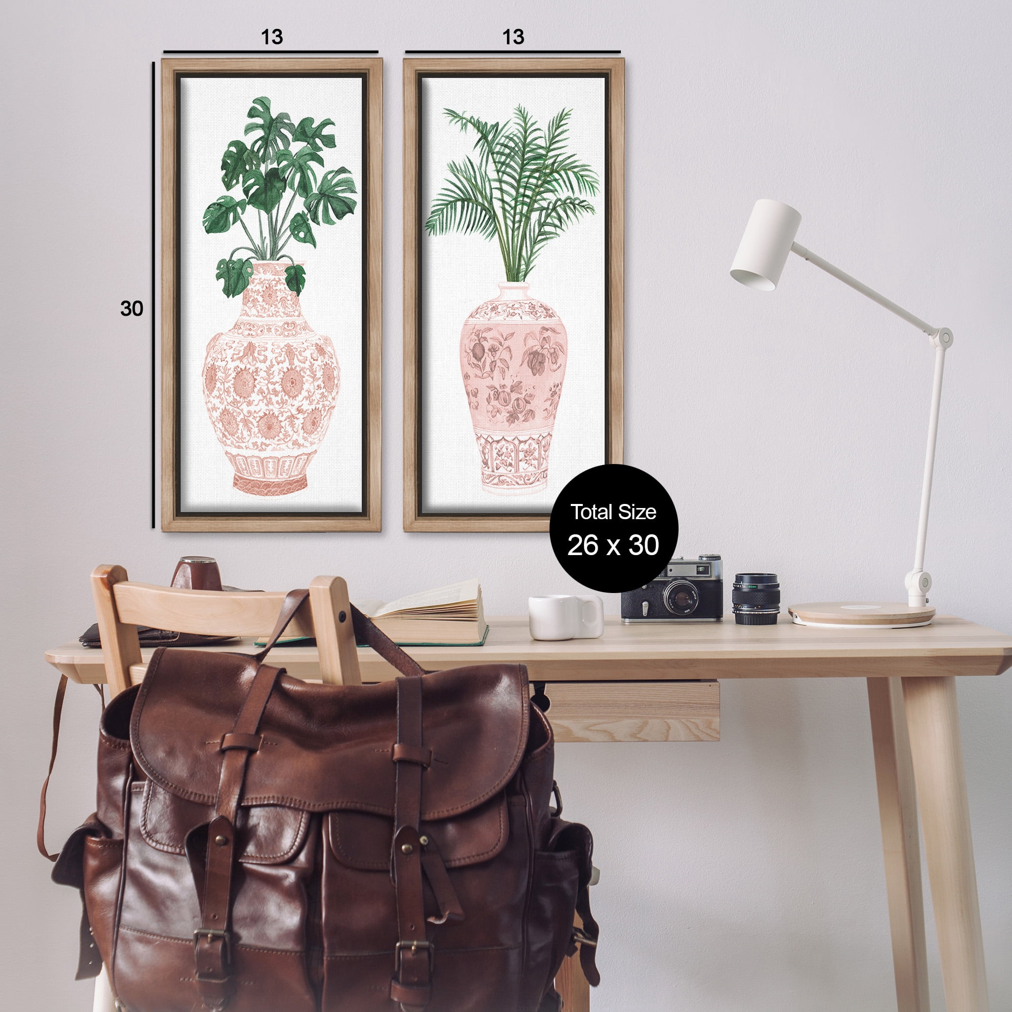 Stupell Industries Plants & Oriental Vases Botanical & Floral Painting Brown Floater Framed Canvas Art Print Wall Art, 14 x 31, Set of 2