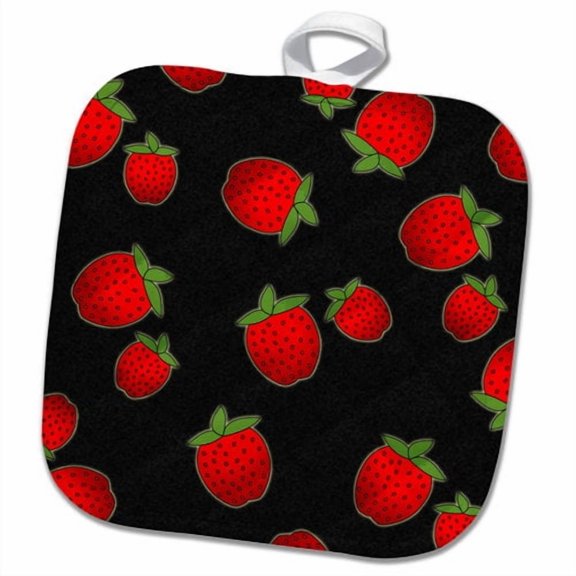 3dRose, Strawberry Print Fresh Red Strawberries on Black, 8x8 Potholder