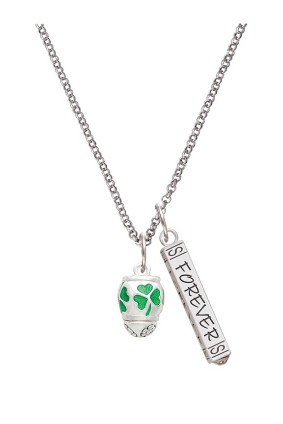 Silvertone Green Shamrock Spinner Silvertone Forever Bar Charm Necklace, 23"