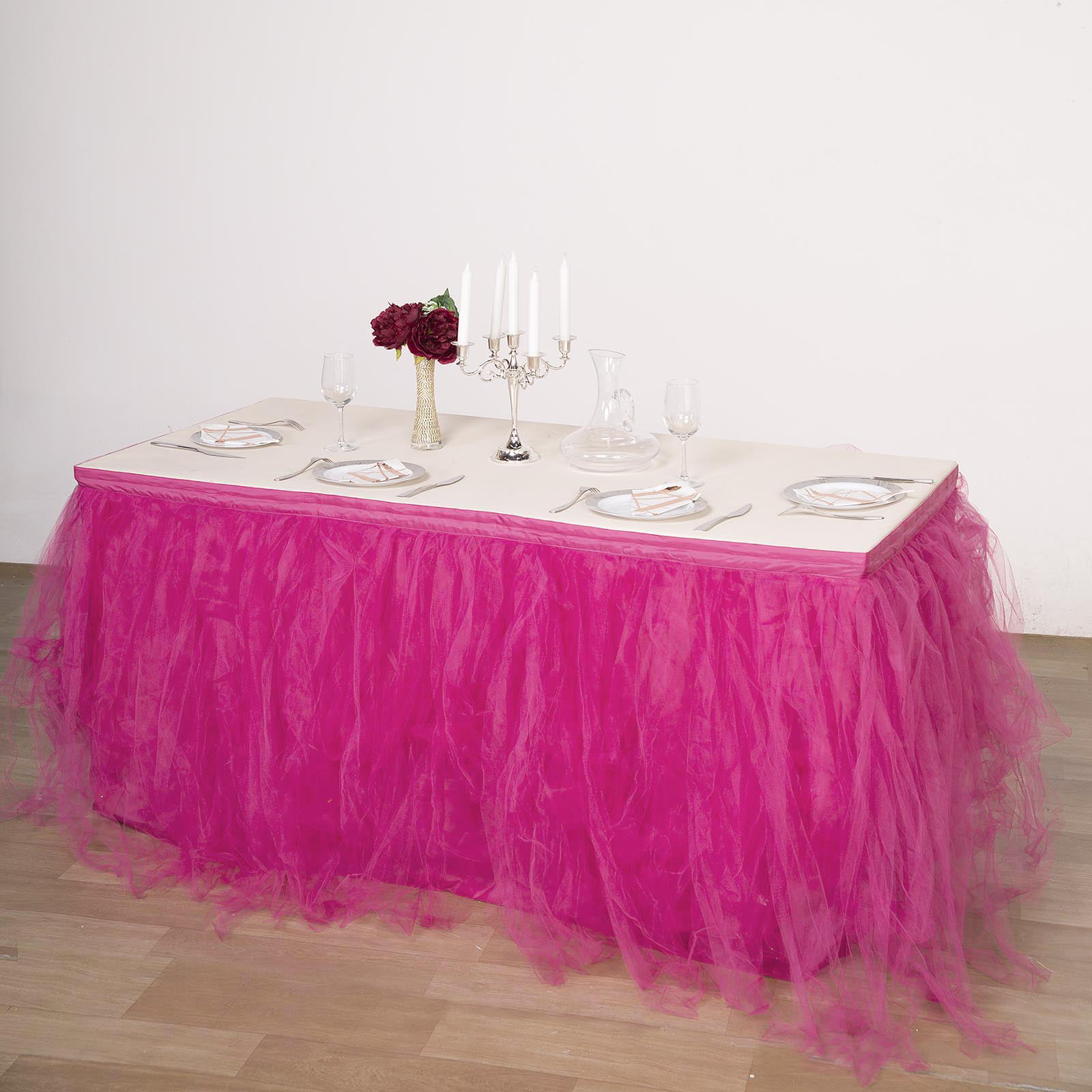 PiccoCasa Tutu Table Skirt Red Pink Tulle Table Skirt 4.7 Yards Fluffy Table Skirting for Party Birthday Wedding Cake Table Decoration L14 ft xH30in/1427x76cm