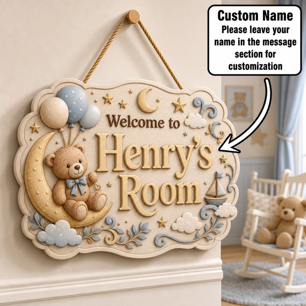 Personalized Nursery Sign Teddy Bear Custom Name Door Hanging for New Parents