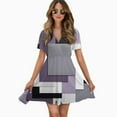 thumbnail image 2 of Geometric Modern Art Purple Gray Black Women Dress V-Neck Short Sleeve Flowy Swing Party Midi Dress, 2 of 4