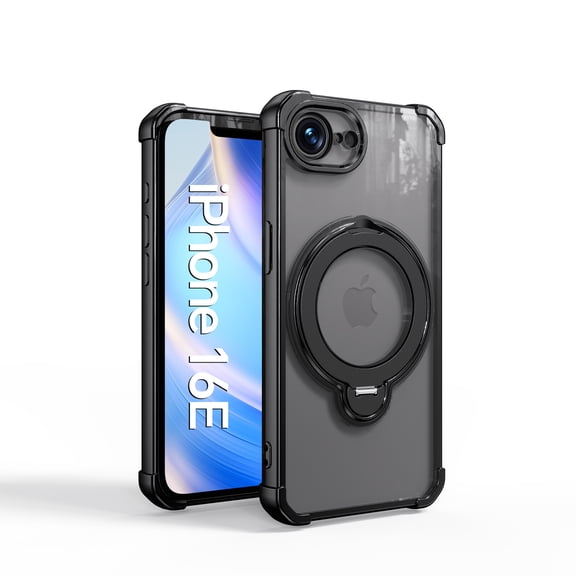Decase for iPhone 16e/17e Mag Safe Case,Clear Back with 360° Rotating Aluminum Kickstand,Mag Safe Compatible,Shockproof PC TPU Rugged Cover,Black