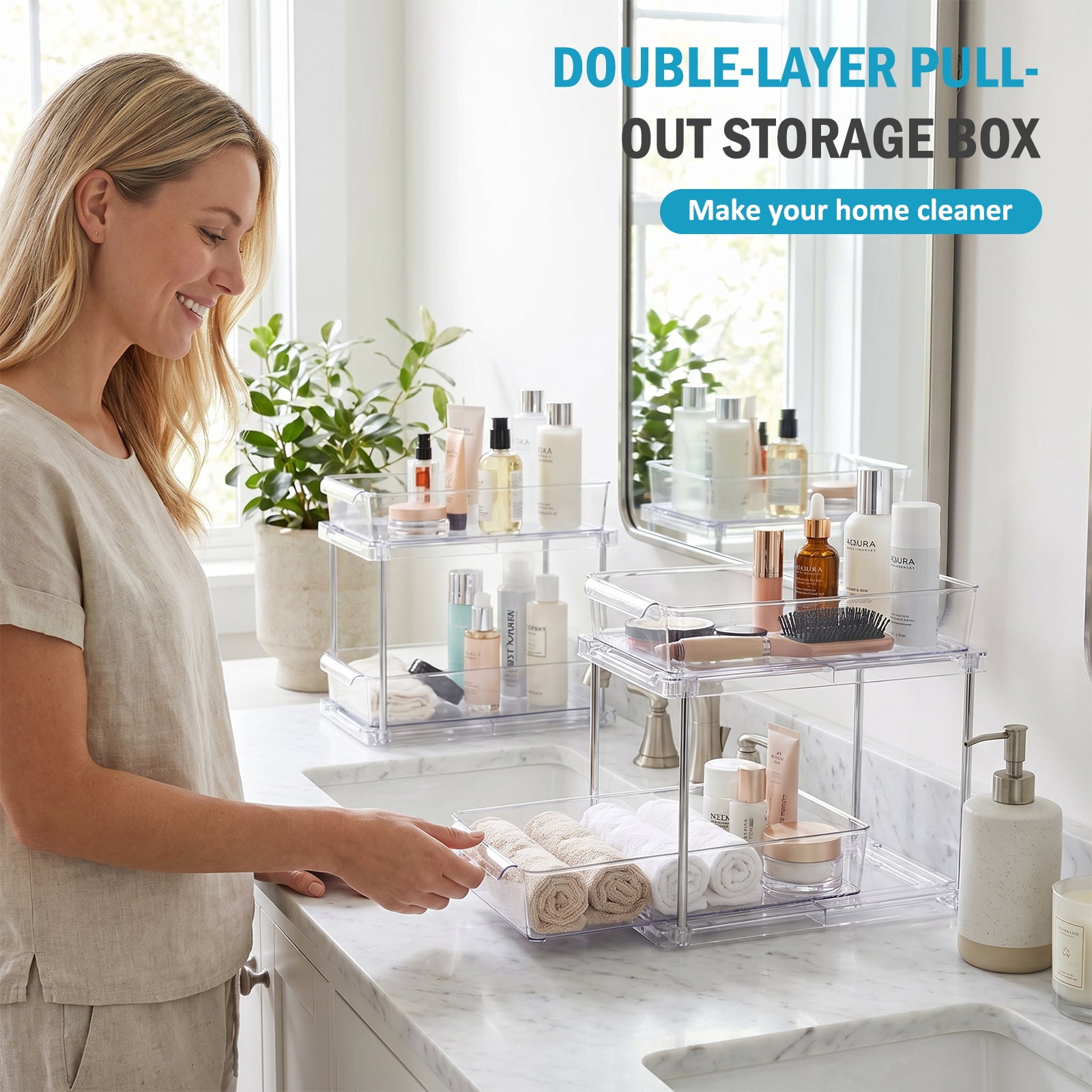 Bathroom Organizer, 4 Pack 2-Tier Clear Storage Container with Sliding Track, Under Sink & Countertop Organizer for Cabinet Drawers, Kitchen Pantry Organization