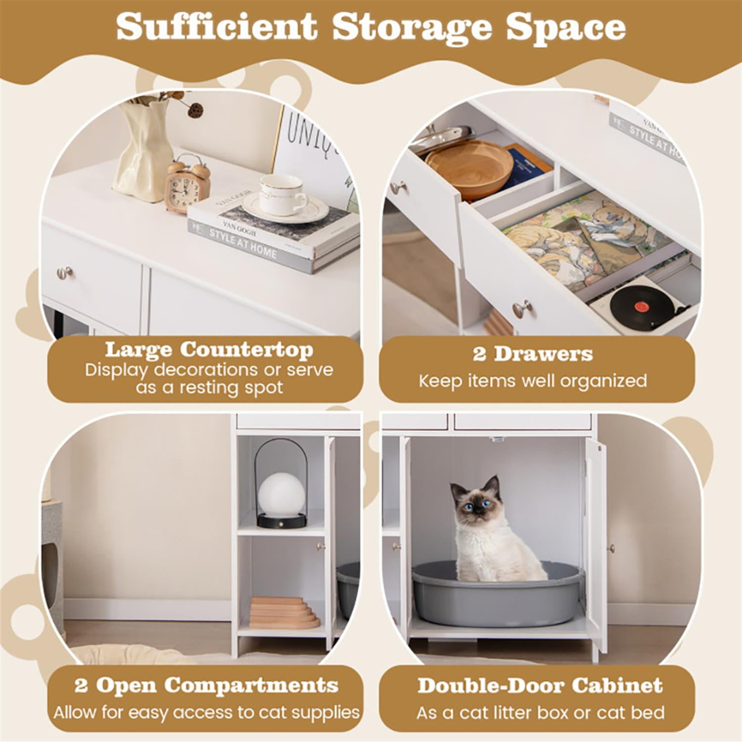 Kadyn 31" Modern Cat Litter Box Enclosure with 2 Drawers, Hidden Litter Box for Cats, Cat House Furniture for Side Table or Nightstand, White