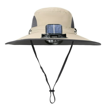 Kitem Men Outdoor Hat with Detachable Solar Fan Large Brim Windproof Strap USB Charging Anti UV Sunlight Hollow Mesh Great Breathability Fishing Camping Travel Cap