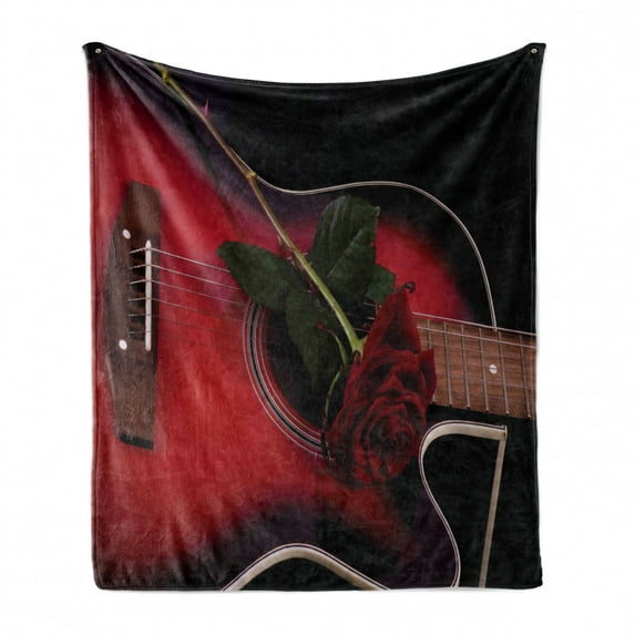 Abstract Soft Flannel Fleece Throw Blanket, Spanish Musician Portugal Hand Made Guitar with Romance Theme Love Rose, Cozy Plush for Indoor and Outdoor Use, 60" x 80", White Ruby, by Ambesonne