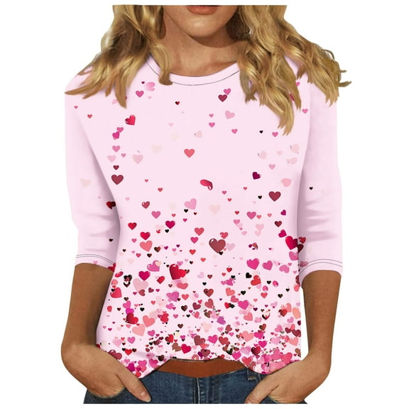 lcziwo Valentine Day Blouse for Women Cute Love Heart Print Blouses Shirt 3/4 Sleeve Graphic Tees Casual Spring Tunic Tops 2025 Pink L
