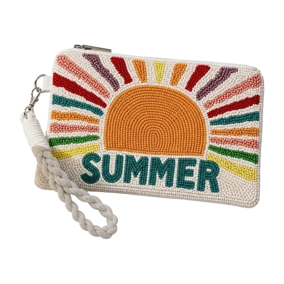 Beaded Bag Clutch Purses for Women Trendy Summer Colorful Sun Pattern Wrist Strap Braided Handle Handbags for Women Beach Vacation Travel Casual Daily Use