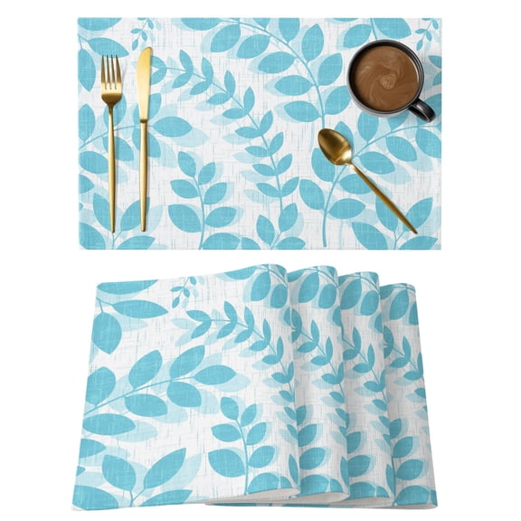 Cyan Blue Leaves Placemats Set of 8 Summer Farmhouse Botanical Boho Branch Place Mats Indoor Wipeable Table Mats Washable Cloth Dining Table Placemats for Kitchen Holiday Party Home Decor 13x19 Inch