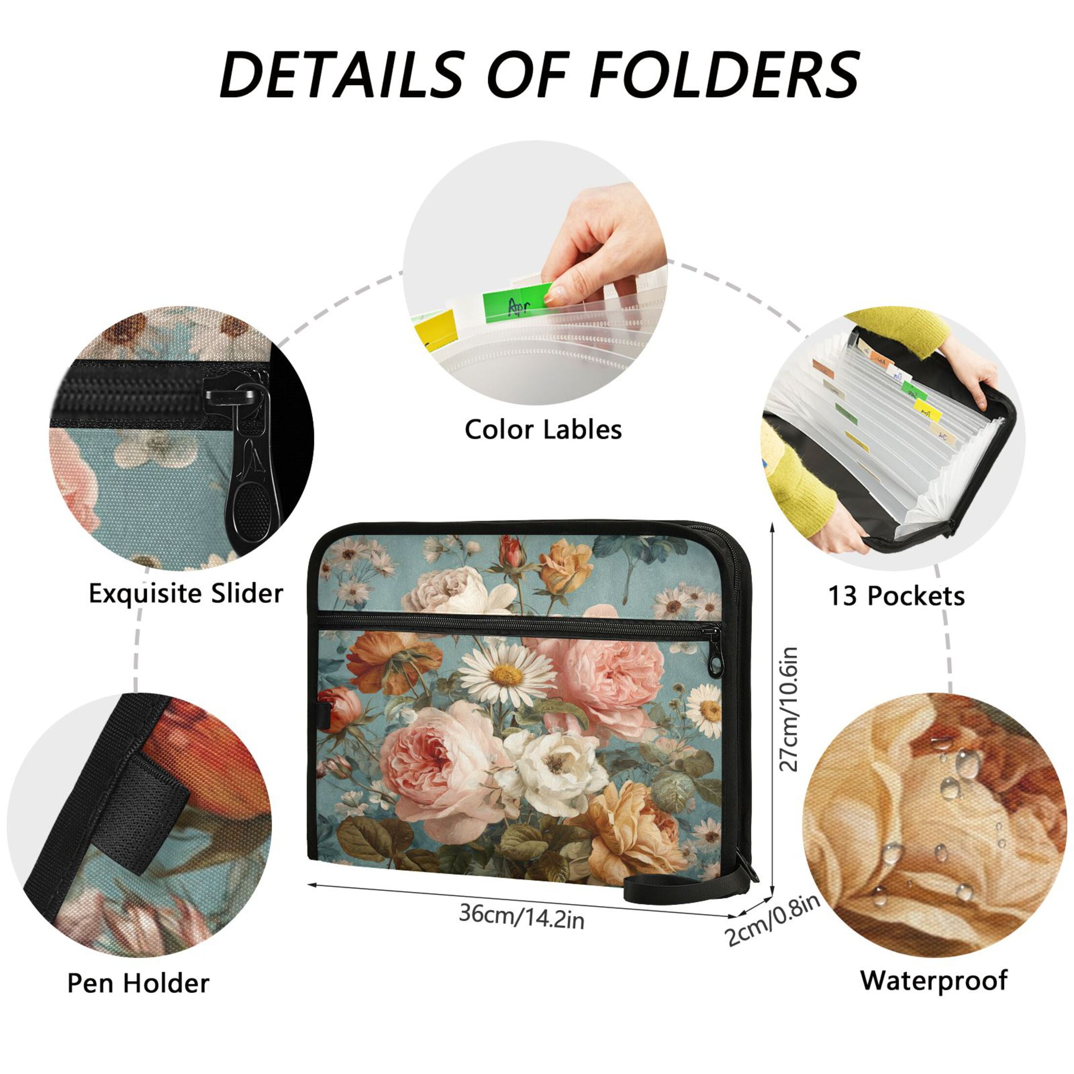 Accordion File Organizer with Zip Closure 13 Pockets Expanding File Folder Letter A4 Paper Document Organizer for Home Office Vintage Roses and Peonies