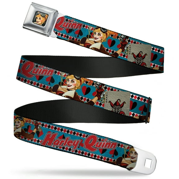 DC Comics Belt, Seatbelt Buckle Belt, Harley Quinn Bombshell Pin Up Pose Joker Card Suits Blue, Youth 22 to 32 Inches