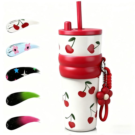 Farcauo 24 OZ Cherry Stainless Steel Water Bottle Insulated Vacuum Tumbler With Lid and Straw Leak Proof Travel Mug Spill Proof Cup for Hot and Cold Drink Christmas Gifts For Women Mother Girlfriend