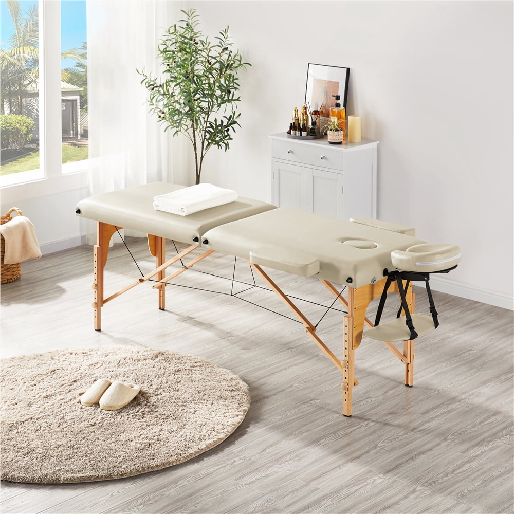 Renwick 2 Sections Adjustable Folding Massage Bed with Headrest,Cream
