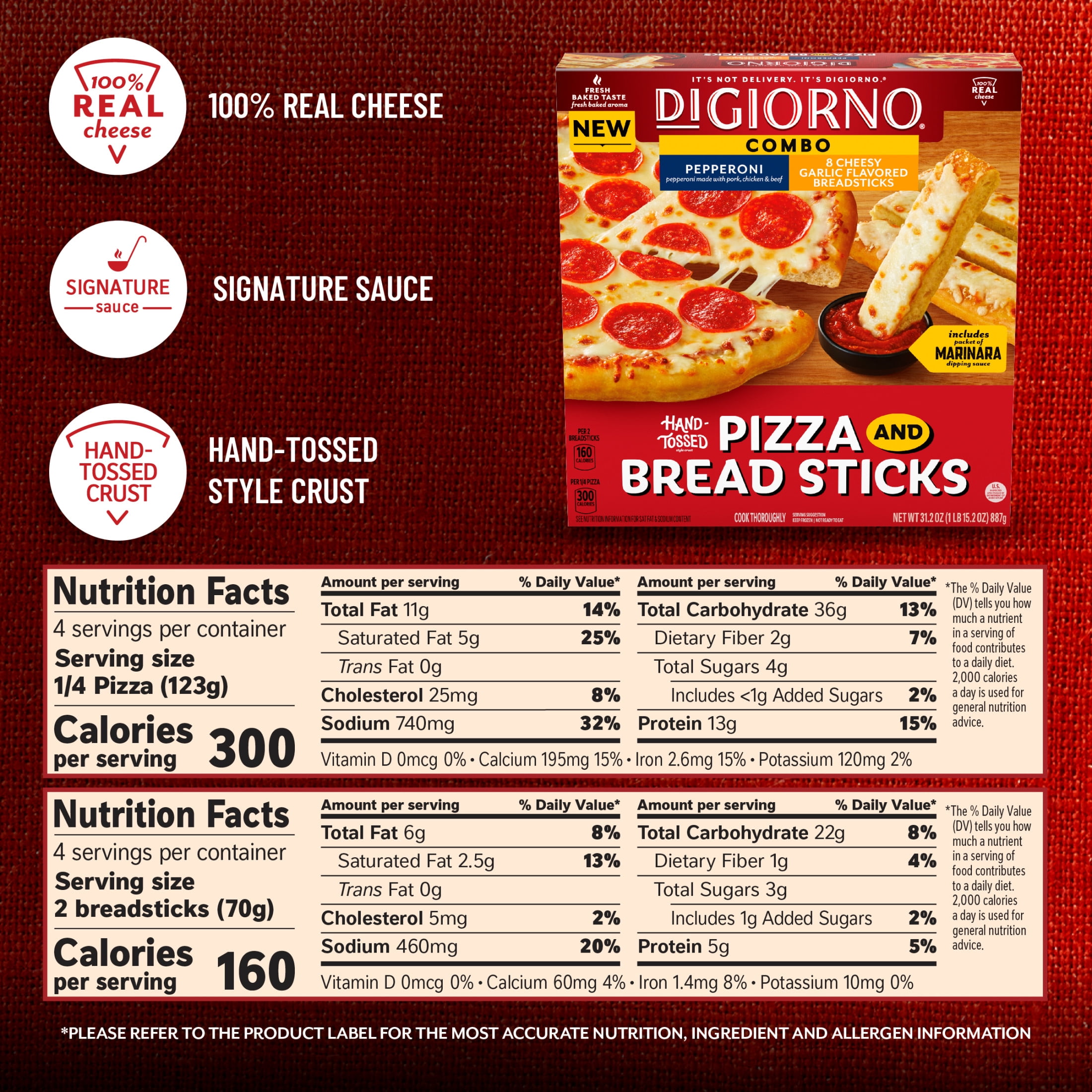 DiGiorno Frozen Pizza, Pepperoni Pizza and Cheese Breadsticks Snacks Dinner Kit, 31.2 oz (Frozen)