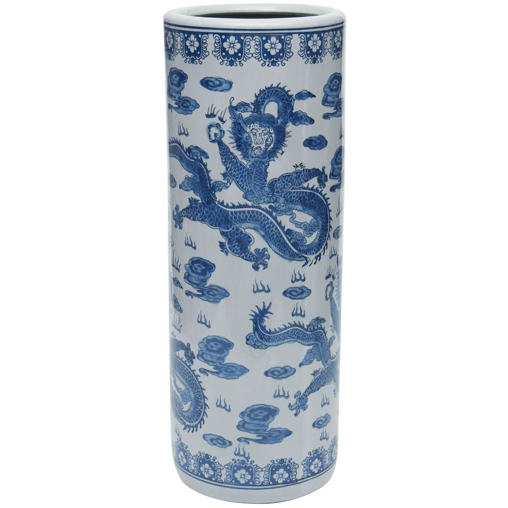 24" Dragon Blue & White Porcelain Umbrella Stand