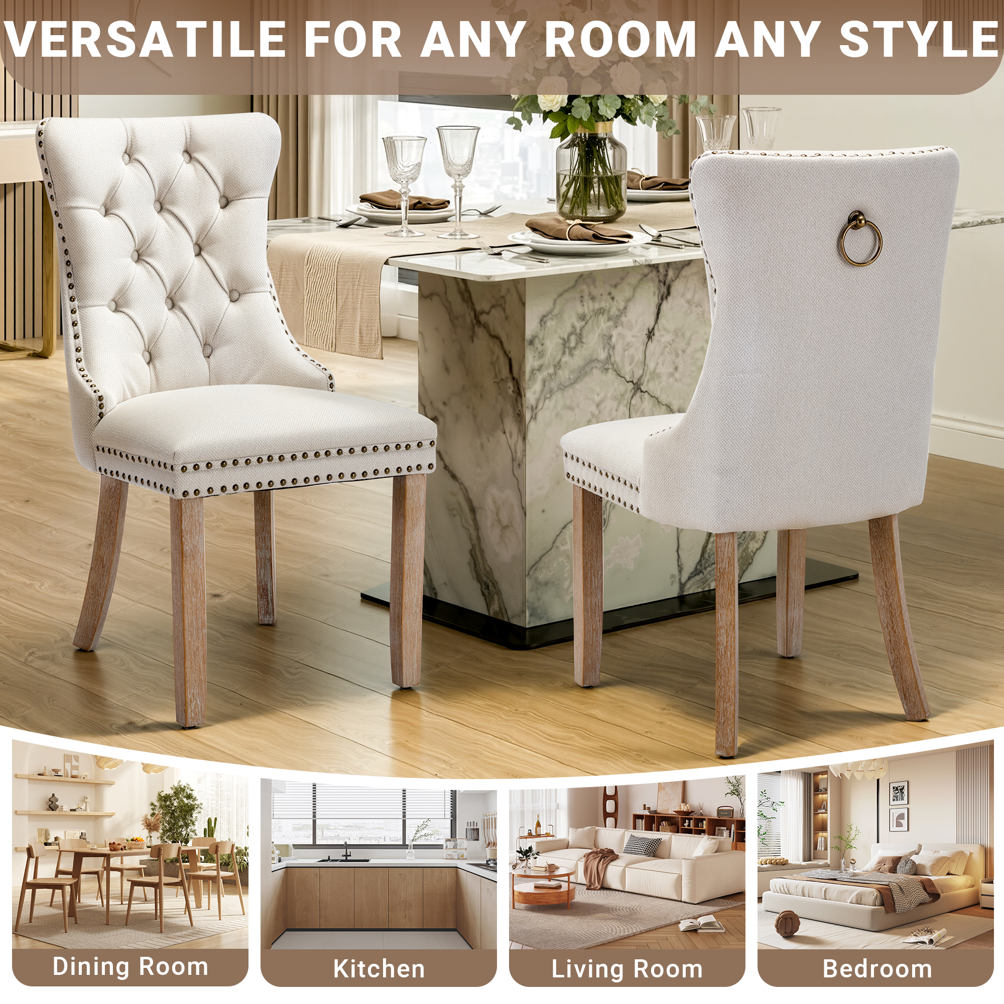 Upholstered Dining Chairs Set of 2, Segmart Modern Fabric Dining Room Chair with Nailhead Trim and Wood Legs, Mid-Century Accent for Living Room, Kitchen, Beige