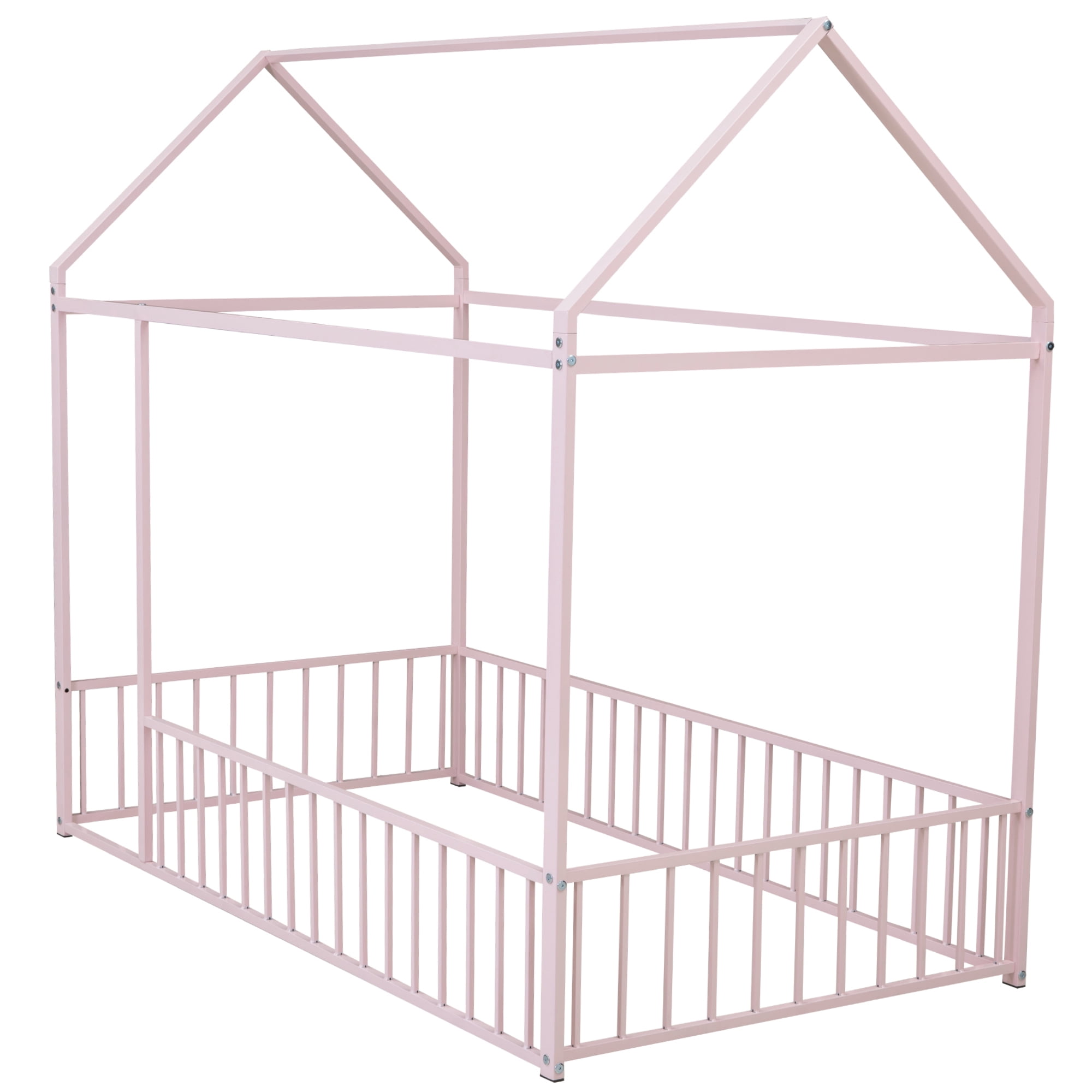 Twin Size Metal House Bed Frame with Rails, Montessori Floor Bed  without Slats (Pink)