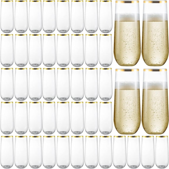 48 Pack Plastic Stemless Champagne Flutes, Disposable Unbreakable 9 Oz Toasting Glasses With Gold rim, Fancy & Shatterproof Champagne Glasses, Ideal for Wedding, Birthday, Party, Easter