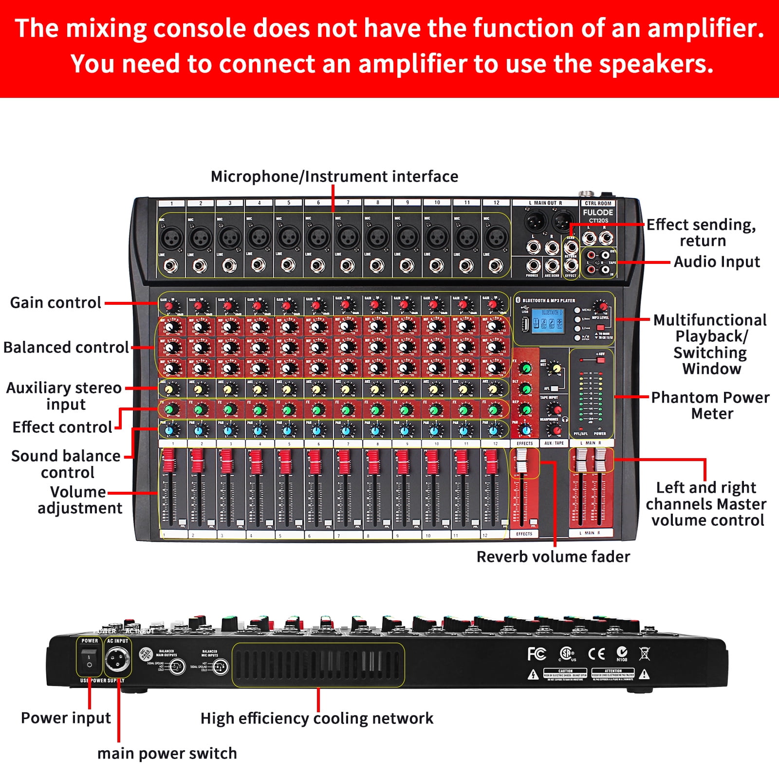 FULODE CT120S 12channel mixer audio,Console with Bluetooth USB, dj mixer,dj equipment for Computer Recording Input, 48V Power, Beginners