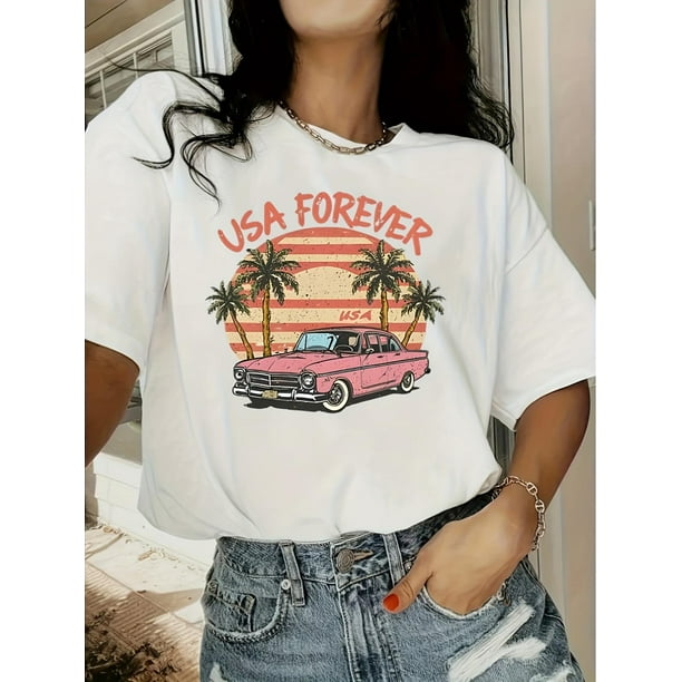 USA Forever Print T-Shirt, Casual Crew Neck Short Sleeve T-Shirt For Spring & Summer, Women's Clothing