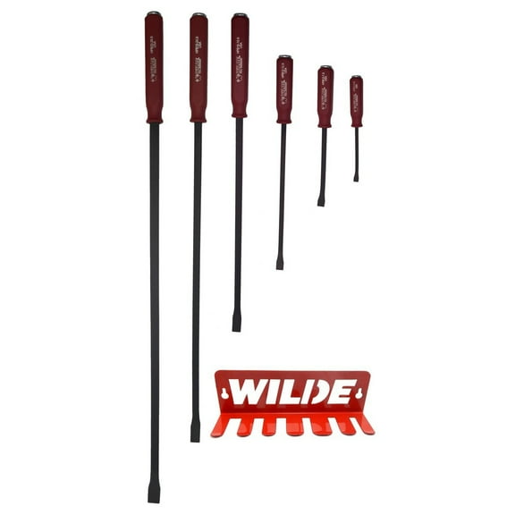 Wilde Tool HPB7/DB 7 Piece Hard Cap Handle Pry Bar Set w/ Steel Storage Rack