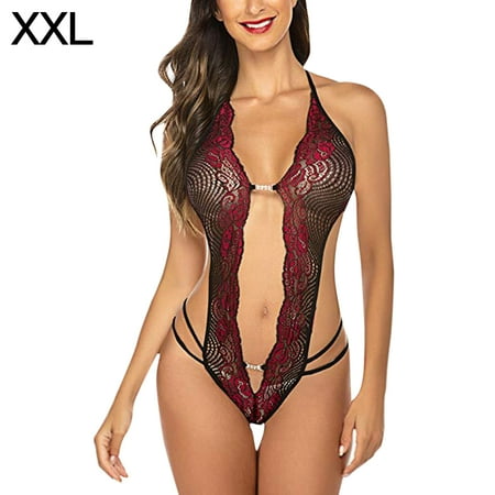 

Women Halter Bodysuit Underwear Deep V Neck Floral Lace Lingerie Red XXL