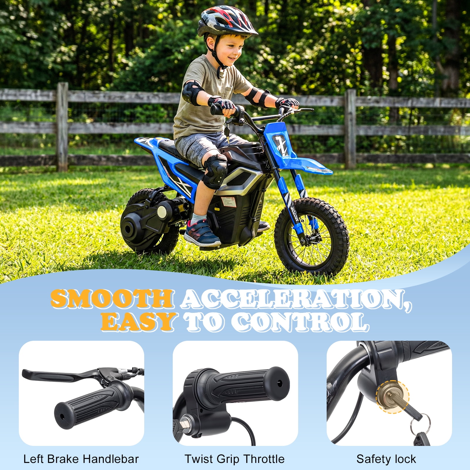 UBesGoo Electric Dirt Bike, 24V 250W Ride on Toys for Big Kids with Music & Bluetooth, 14 mph Twist-Grip Throttle & Hand-Operated Rear Brake, Blue