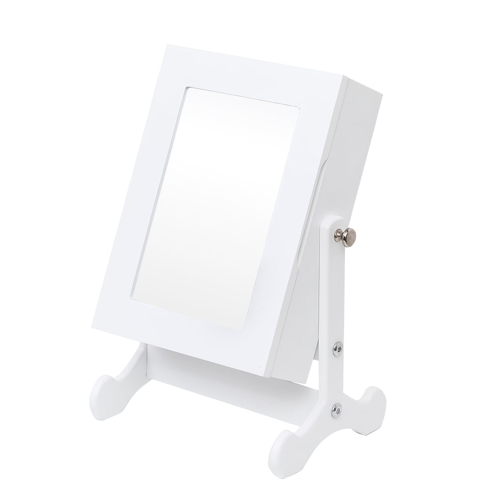 Htovila Small Mirror Jewelry Cabinet Organizer Armoire Storage Box Countertop with Stand White