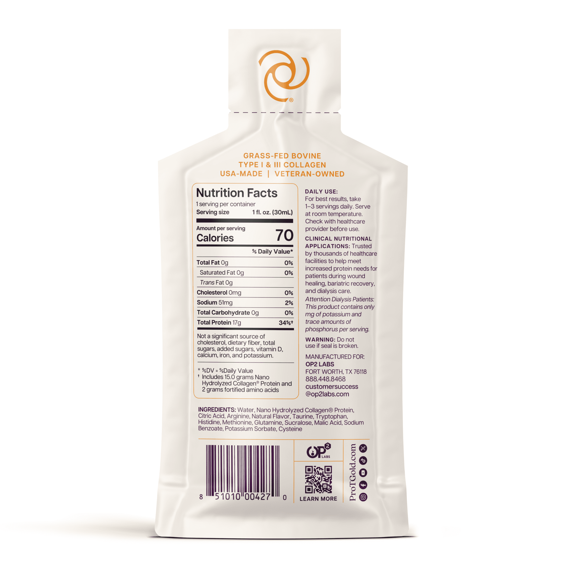 Liquid Collagen Protein Shot, 17g Clear Protein Nano-Hydrolyzed Grass Fed Collagen - Orange Creme
