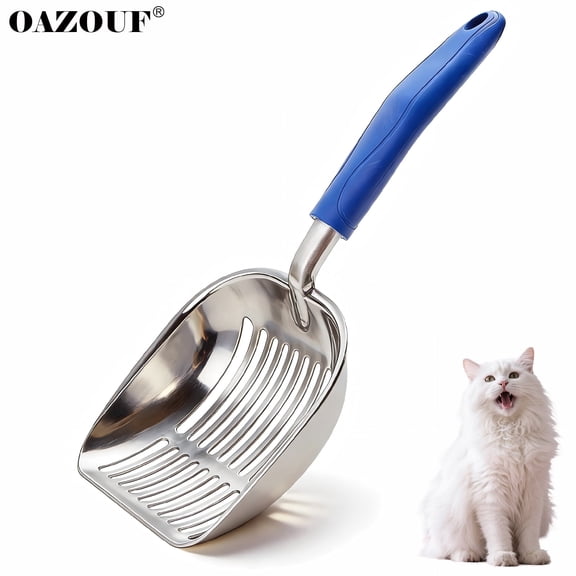 OAZOUF Cat Litter Scoop: Metal Kitty Litter Scoop with Reinforced Comfortable Handle, Double Mesh Design, Heavy Duty, Durable, Poop Sifting, for Litter Box, Blue (Standard)