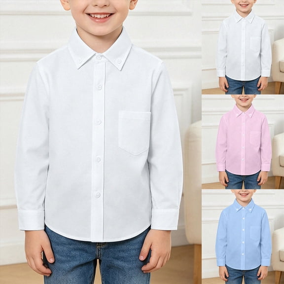 2-3T Toddler Boys Uniform Shirts,Boys Dress Shirts,Youth Solid Color Long Sleeve with Pocket Spring Fall Tops for 2-14T